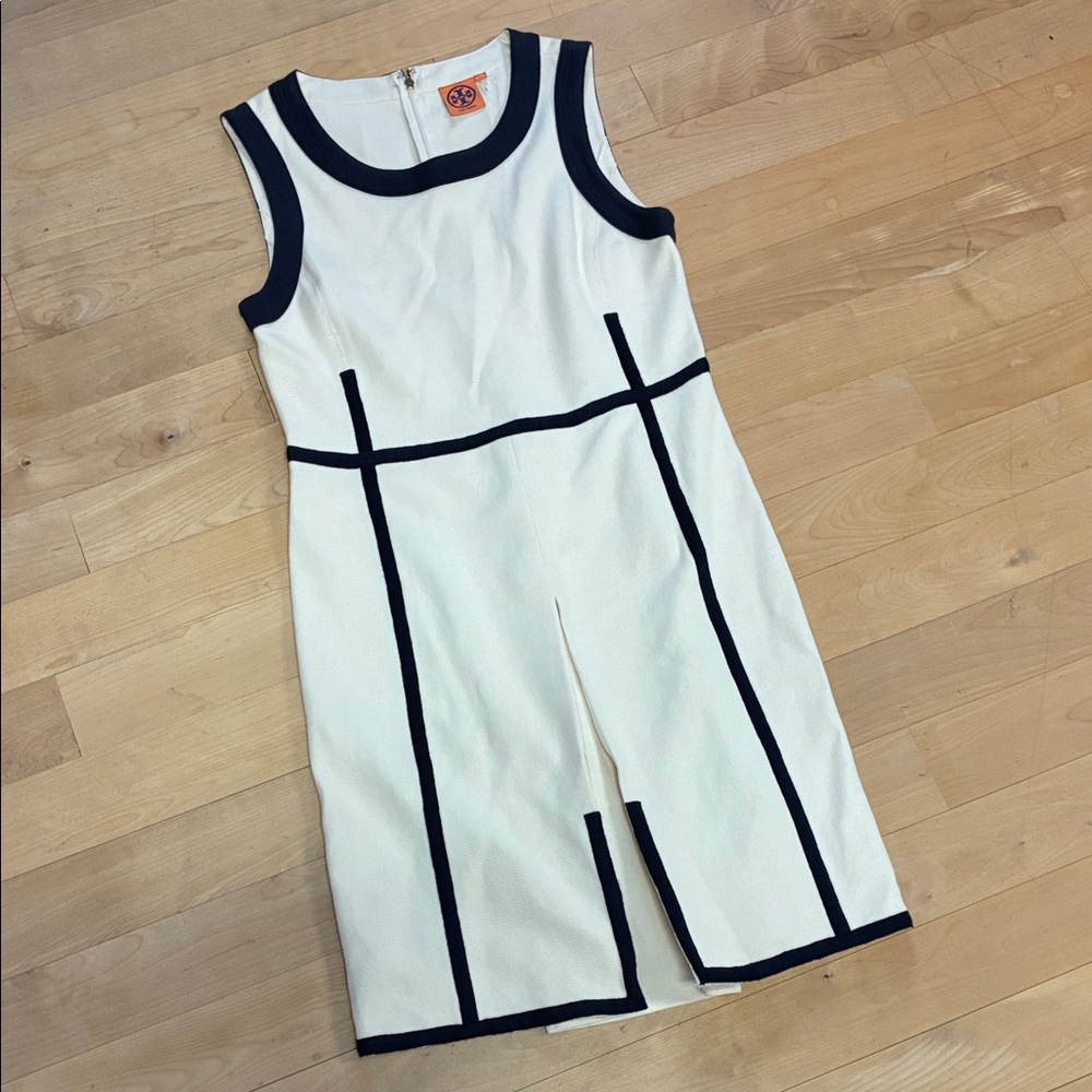 Tory Burch White Sleeveless Midi Dress with Black Contrast Trim